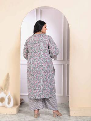Womens plus size blue cotton office wear floral printed kurta palazzo set  4