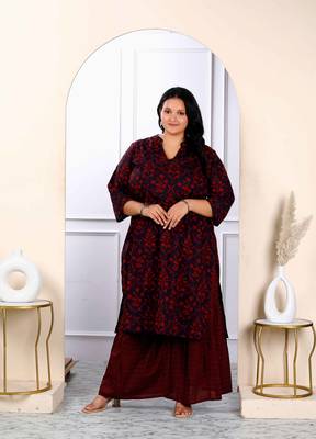 Womens plus size cotton floral printed straight kurta and sharara set 1