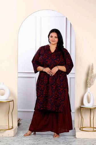 Womens plus size cotton floral printed straight kurta and sharara set