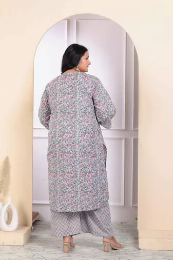 Womens plus size cotton traditional straight kurta with palazzo and dupatta set