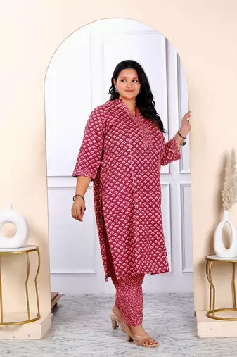 Womens plus size floral printed charming pink straight kurta with palazzo set