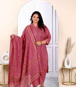Womens plus size floral printed gota patti pink straight cotton kurta and palazzo with dupatta set