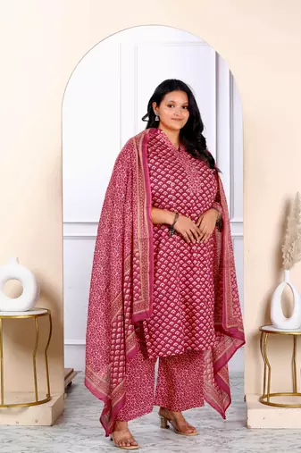 Womens plus size floral printed gota patti pink straight cotton kurta and palazzo with dupatta set