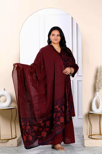 Womens plus size cotton floral printed straight kurta sharara and dupatta set