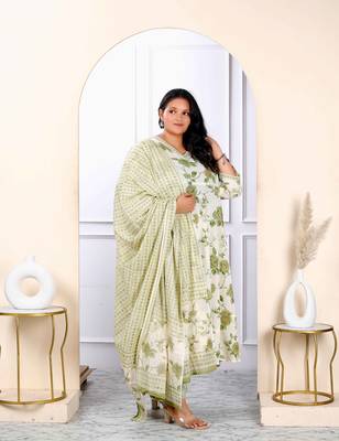 Womens plus size attractive floral print cotton green anarkali kurta palazzo and dupatta set 2