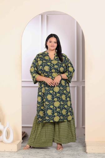 Womens plus size green cotton floral printed kurta with sharara