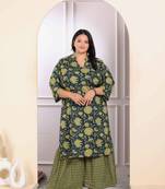 Womens plus size green cotton floral printed kurta with sharara