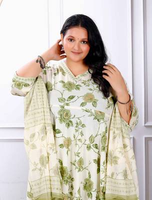 Womens plus size attractive floral print cotton green anarkali kurta palazzo and dupatta set 3