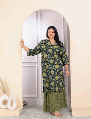 Womens plus size green cotton floral printed kurta with sharara 2