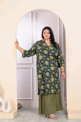 Womens plus size green cotton floral printed kurta with sharara