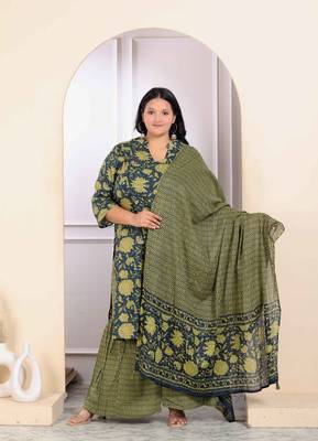 Womens plus size green cotton floral printed kurta with sharara and dupatta 1