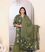Womens plus size green cotton floral printed kurta with sharara and dupatta