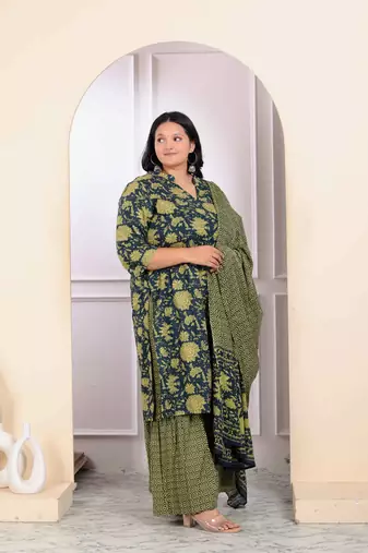 Womens plus size green cotton floral printed kurta with sharara and dupatta