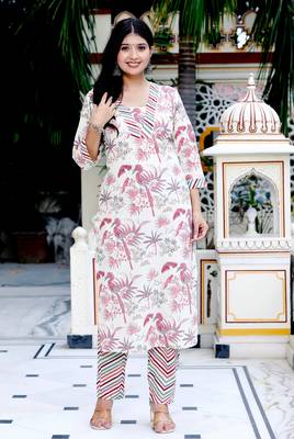 Womens cotton light pink floral printed straight pakistani style kurta and palazzo 1
