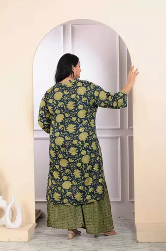 Womens plus size green cotton floral printed kurta with sharara and dupatta
