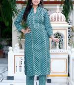 Womens cotton blue floral printed straight kurta and palazzo