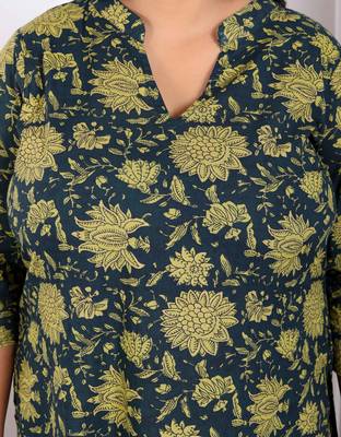 Womens plus size green cotton floral printed kurta with sharara and dupatta 4