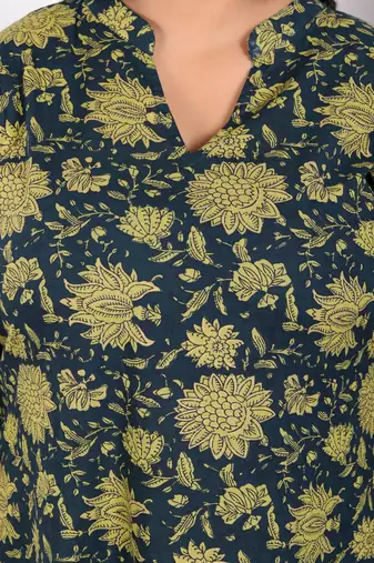 Womens plus size green cotton floral printed kurta with sharara and dupatta