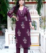Purple Cotton Floral Printed Kurta Set