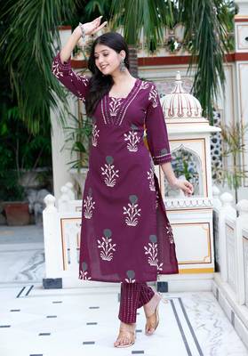 Purple Cotton Floral Printed Kurta Set 2