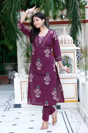 Purple Cotton Floral Printed Kurta Set