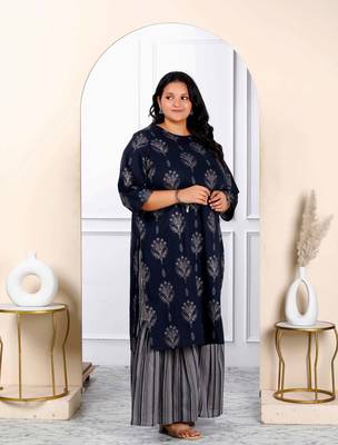 Womens plus size blue and grey printed cotton kurta with sharara 2