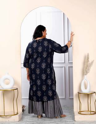 Womens plus size blue and grey printed cotton kurta with sharara 3