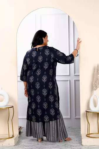 Womens plus size blue and grey printed cotton kurta with sharara