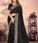 Zari Embroidered Border Vichitra Silk Saree Sari In Black With Matching Blouse Piece