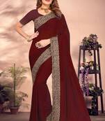 Zari Embroidered Border Vichitra Silk Saree Sari In Maroon With Matching Blouse Piece