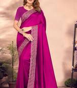 Zari Embroidered Border Vichitra Silk Saree Sari In Magenta With Matching Blouse Piece