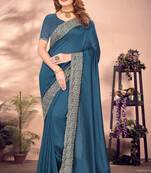 Zari Embroidered Border Vichitra Silk Saree Sari In Teal Blue With Matching Blouse Piece