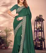 Zari Embroidered Border Vichitra Silk Saree Sari In Bottle Green With Matching Blouse Piece