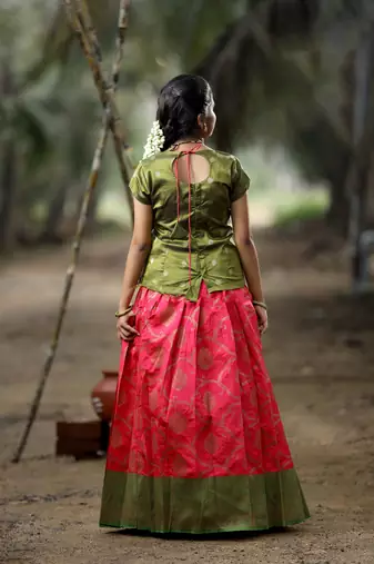 Green Pink Banarasi Zari Work Lehenga Choli for Festivals fo girls
