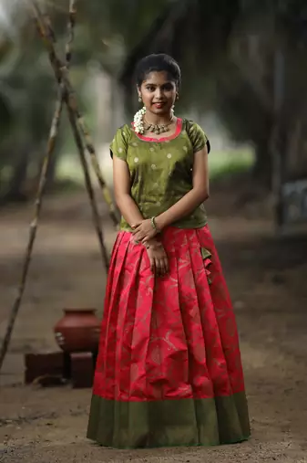 Green Pink Banarasi Zari Work Lehenga Choli for Festivals fo girls