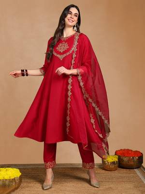 Pink color embroidered work silk blend kurta trousers set 1