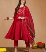 Pink color embroidered work silk blend kurta trousers set