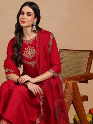 Pink color embroidered work silk blend kurta trousers set 2