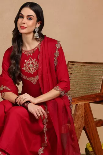 Pink color embroidered work silk blend kurta trousers set