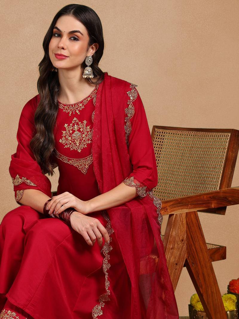 Pink color embroidered work silk blend kurta trousers set