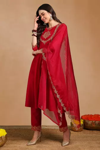 Pink color embroidered work silk blend kurta trousers set