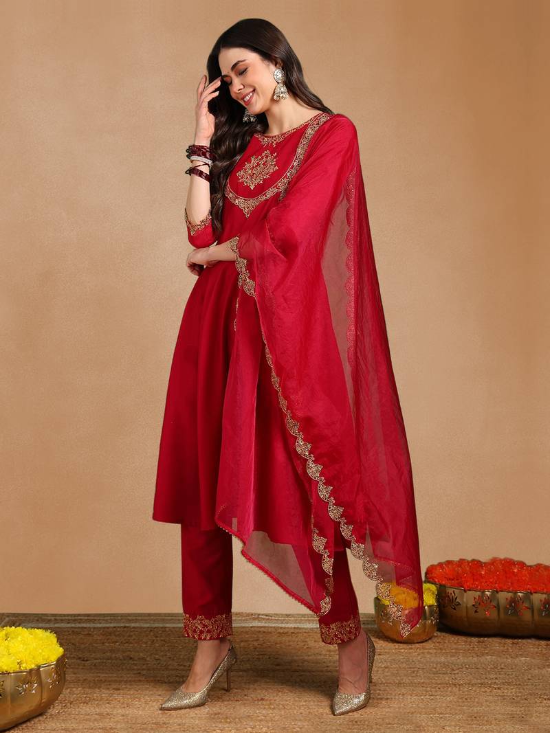 Pink color embroidered work silk blend kurta trousers set