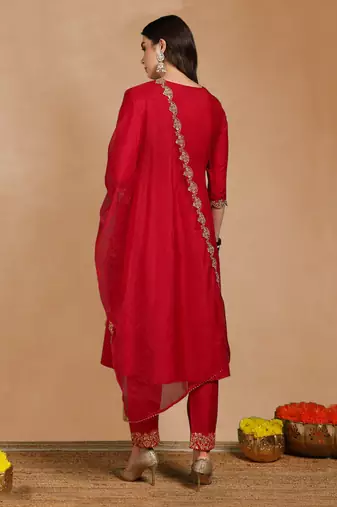 Pink color embroidered work silk blend kurta trousers set