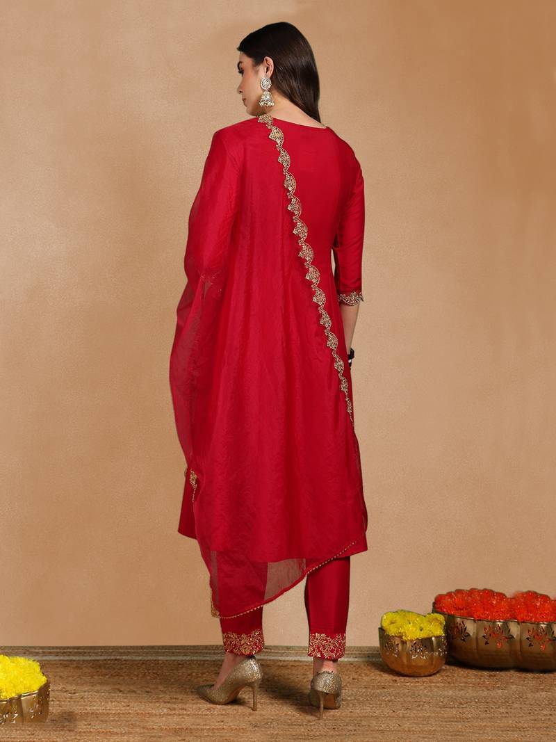Pink color embroidered work silk blend kurta trousers set
