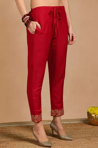 Pink color embroidered work silk blend kurta trousers set
