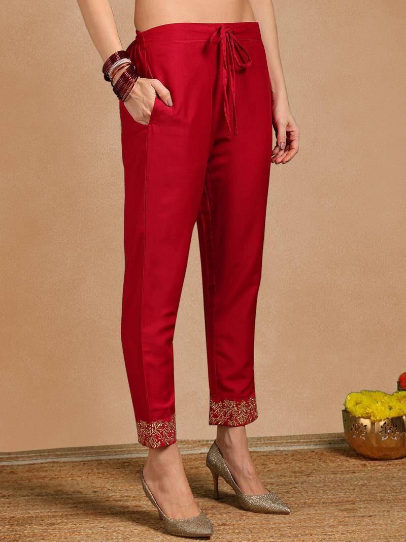 Pink color embroidered work silk blend kurta trousers set