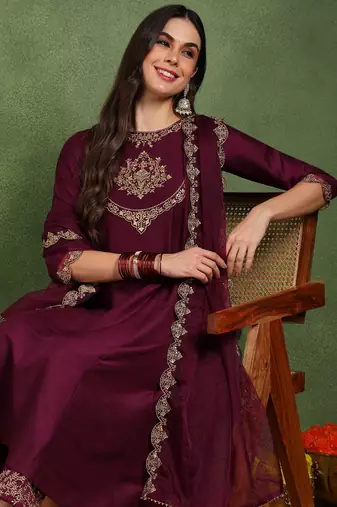 Burgundy color embroidered work silk blend kurta trousers set