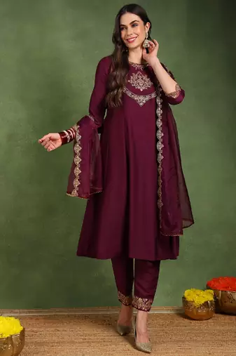 Burgundy color embroidered work silk blend kurta trousers set