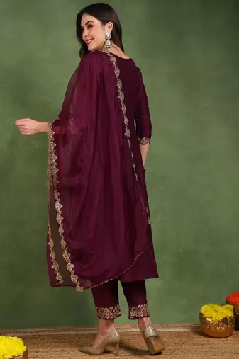 Burgundy color embroidered work silk blend kurta trousers set
