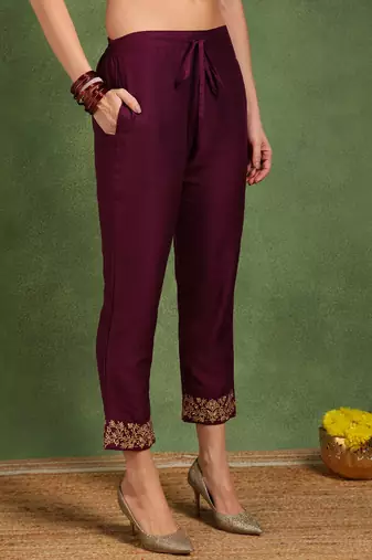 Burgundy color embroidered work silk blend kurta trousers set